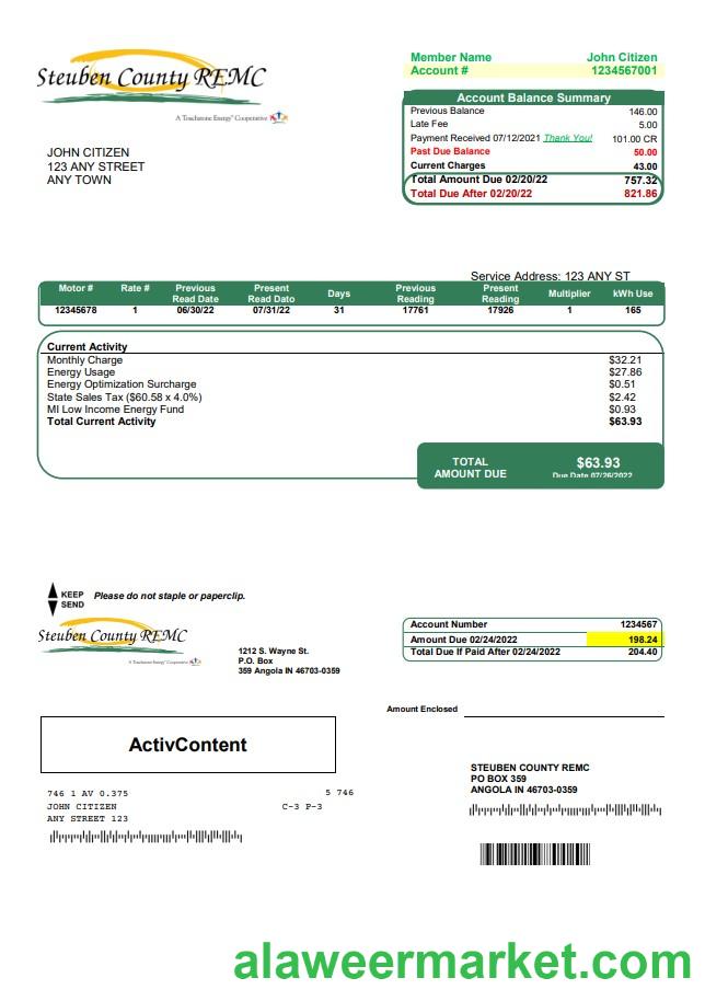 USA Steuben Country REMC utility bill template in Word and PDF format